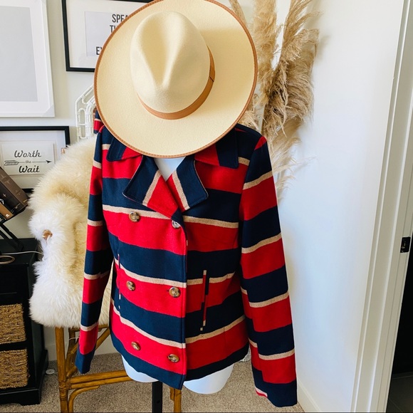 Jack Striped Cropped Rugby Style Double Breasted Pea Coat Rugby Stripes Size S - Picture 4 of 11